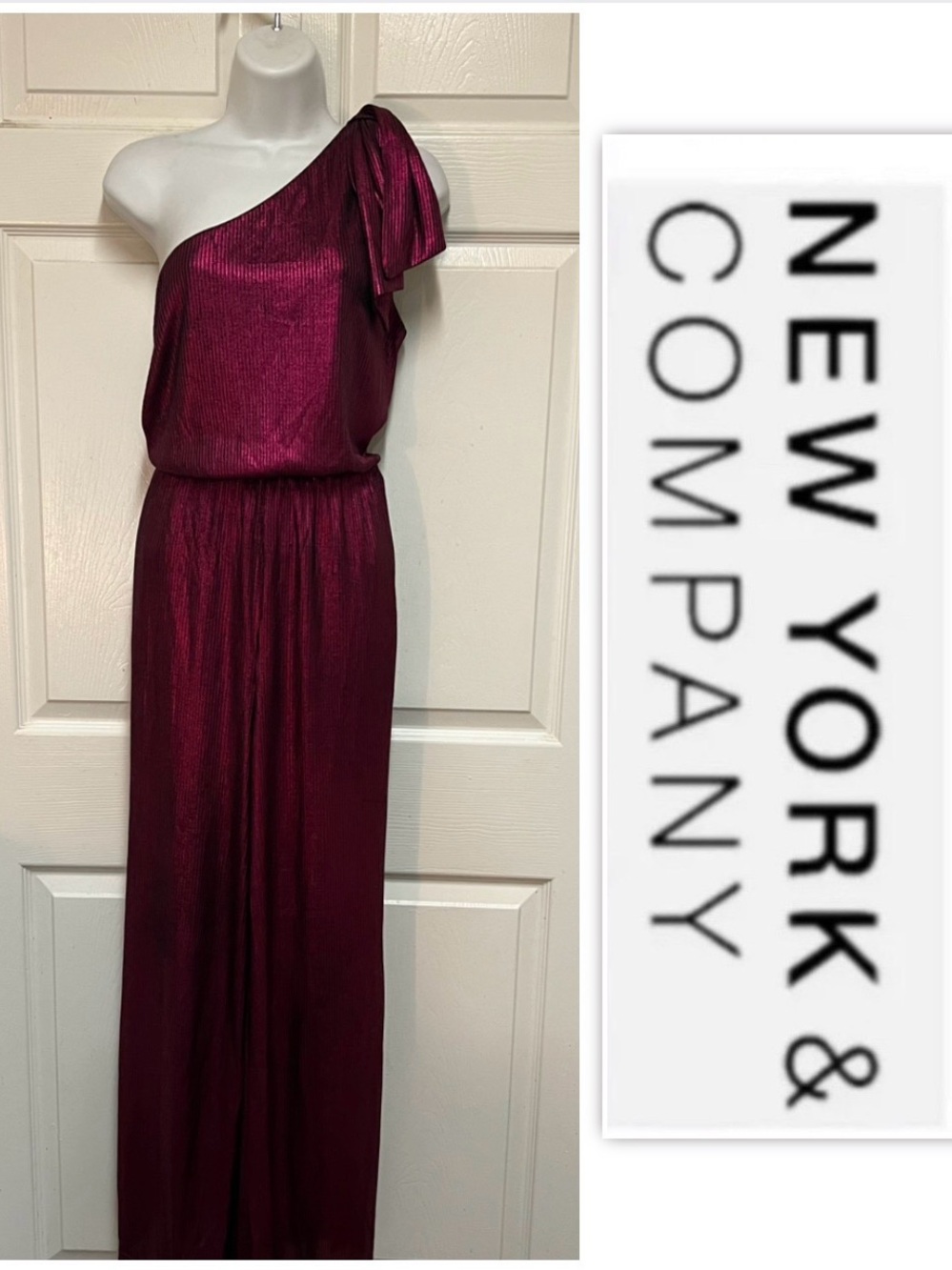 New York & Company Burgundy Metallic One Shoulder Jumpsuit
